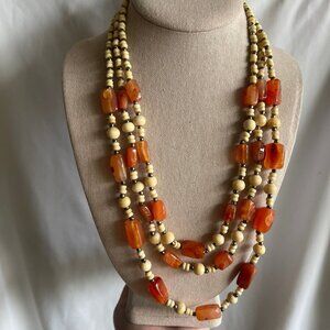 Vintage Boho Indie Style Carnelian Stone Biege Beaded Multilayer Estate Necklace
